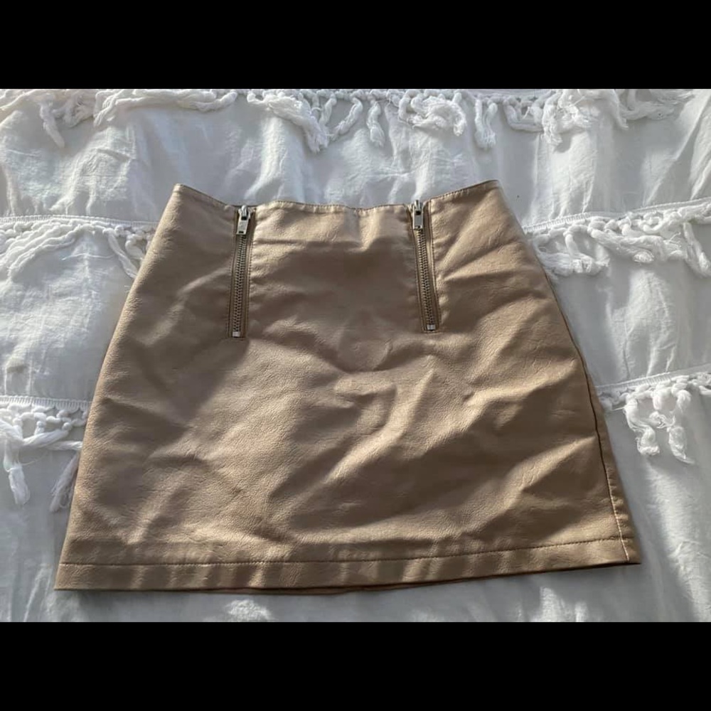Tan leather zip skirt